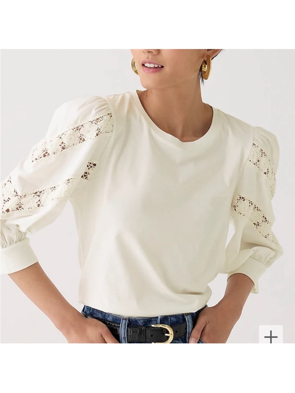 J. Crew Crochet-trim puff-sleeve T-shirt in Ivory - Size S